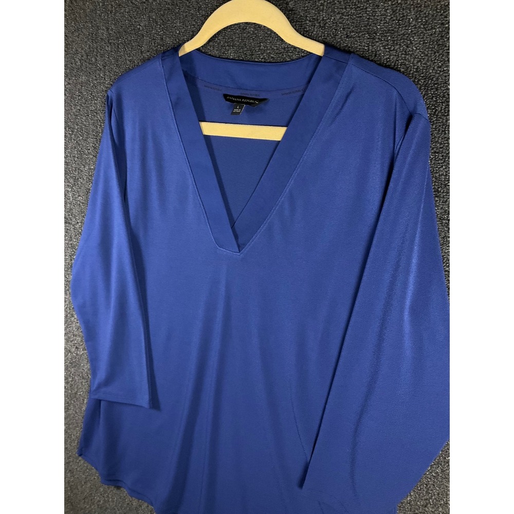 Banana Republic Women Royal Blue V-Neck 3/4 Sleeve Crepe Blouse Large